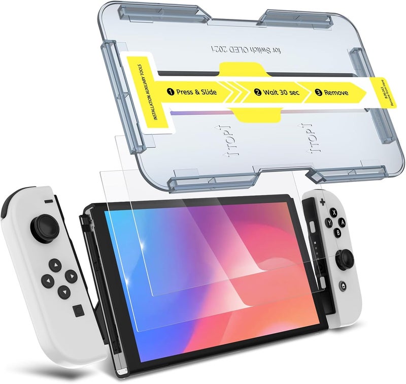 KCT Tempered Glass Screen Protector Compatible with Nintendo Switch OLED Model 2021, EZ Kit, Automatic Alignment - 2 Pack - Image 1